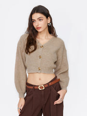 Knit V-neck Solid Button Crop Cardigan