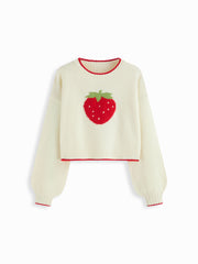 Knit Strawberry Contrasting Binding Round Neck Oversized Sweater
