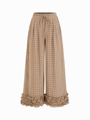 Mid Rise Check Drawstring Lettuce Trim Trousers