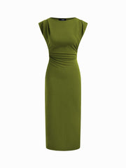 Boat Neck Solid Ruched Maxi Dress