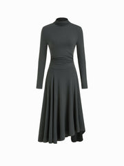 Stand Collar Ruched Ruffle Hem Maxi Dress