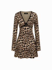V-neck Leopard Print Bow Decor Mini Dress