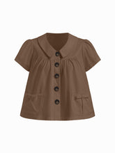 100% Cotton Peter Pan Collar Bowknot Pocket Button Oversized Blouse