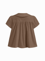 100% Cotton Peter Pan Collar Bowknot Pocket Button Oversized Blouse