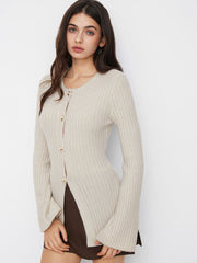 Knit Wool-blend Round Neckline Bell Sleeve Split Front Metal Button Cardigan