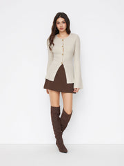 Knit Wool-blend Round Neckline Bell Sleeve Split Front Metal Button Cardigan