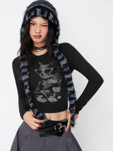 Cat Graphic Round Neckline Long Sleeve Tee