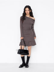 Asymmetrical Neck Striped Ruched Peplum Hem Mini Dress