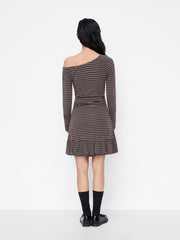 Asymmetrical Neck Striped Ruched Peplum Hem Mini Dress