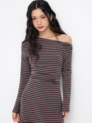 Asymmetrical Neck Striped Ruched Peplum Hem Mini Dress