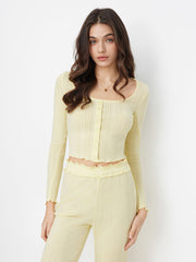 Square Neck Pointelle Lettuce Trim Top & High Rise Bowknot Flared Trousers Loungewear Set
