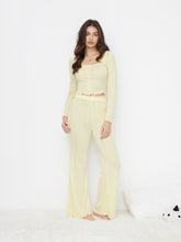 Square Neck Pointelle Lettuce Trim Top & High Rise Bowknot Flared Trousers Loungewear Set
