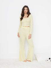 Square Neck Pointelle Lettuce Trim Top & High Rise Bowknot Flared Trousers Loungewear Set
