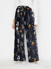 Flannel Mid Rise Halloween Skeleton Ghost Pumpkin Pocket Straight Leg Lounge Trousers