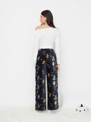 Flannel Mid Rise Halloween Skeleton Ghost Pumpkin Pocket Straight Leg Lounge Trousers