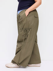 High Rise Elastic Waist Pocket Wide Leg Cargo Pants Curve & Plus