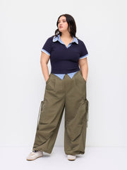 High Rise Elastic Waist Pocket Wide Leg Cargo Pants Curve & Plus