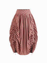 Multi-way 100% Cotton Mid Rise Gingham Drawstring Ruffle Hem Maxi Skirt