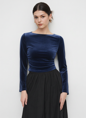 Velvet Boat Neck Solid Ruched Long Sleeve Crop Top