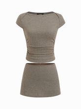 Cotton-blend Boat Neck Polka Dot Ruched Tee & Mini Skort