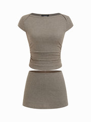 Cotton-blend Boat Neck Polka Dot Ruched Tee & Mini Skort