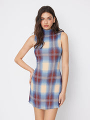 High Neck Plaid Lettuce Trim Mini Dress