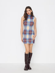 High Neck Plaid Lettuce Trim Mini Dress