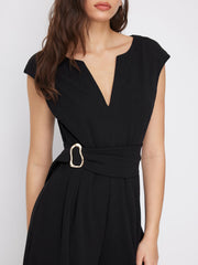 V-neck Metal Detail Zipper Wide Leg Jumpsuit