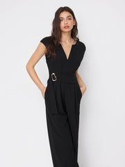 V-neck Metal Detail Zipper Wide Leg Jumpsuit