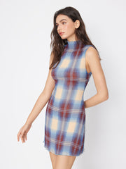 High Neck Plaid Lettuce Trim Mini Dress
