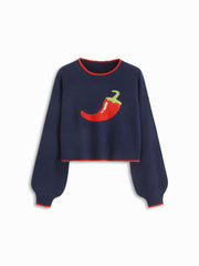 Knit Strawberry Contrasting Binding Round Neck Oversized Sweater