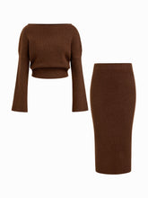Knit Wool-blend Asymmetrical Neck Bell Sleeve Top & Mid Rise Midi Pencil Skirt Set