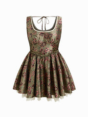 Jacquard U-neckline Floral Lettuce Trim Tie Back Ruffle Mini Dress Curve & Plus