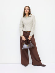 Cotton-blend Striped Collar Long Sleeve Cinched Waist Shirt
