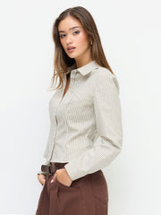 Cotton-blend Striped Collar Long Sleeve Cinched Waist Shirt