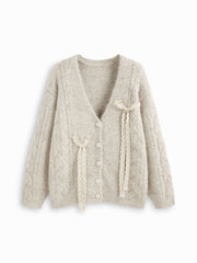 Knit Wool-blend V-neck Long Sleeve Lace Bowknot Button Oversized Cardigan