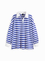 Cotton-blend Collar Striped Contrasting Binding Oversized Sweatshirt