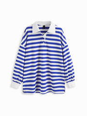Cotton-blend Collar Striped Contrasting Binding Oversized Sweatshirt