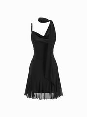 Mesh Halter Neckline Ruched Ruffle Hem Mini Dress With Scarf