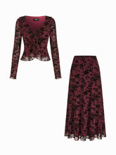 Mesh V-neck Floral Ruffle Hem Knotted Top & Mid Rise Maxi Skirt Set