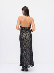Lace Mandarin Collar Floral Applique Tie Front Cut Out Maxi Dress