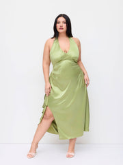 Satin Halter V-neck Split Draped Maxi Dress Curve & Plus