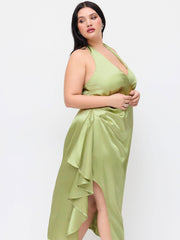 Satin Halter V-neck Split Draped Maxi Dress Curve & Plus