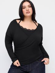 V-neck Wrap Ruched Top With Halter Lace Trim Cami Top Curve & Plus