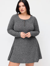 Round Neckline Button Long Sleeve Mini Dress Curve & Plus