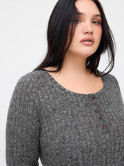 Round Neckline Button Long Sleeve Mini Dress Curve & Plus