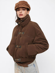 Corduroy Stand Collar Metal Buckle Zip Through Oversized Puffer Jacket