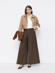 Mid Rise Asymmetrical Button Pleated Wide Leg Trousers