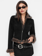 Denim Collar Faux Fur Trim Long Sleeve Jacket