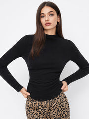 Thermal Cotton-blend High Neck Ruched Long Sleeve Tee